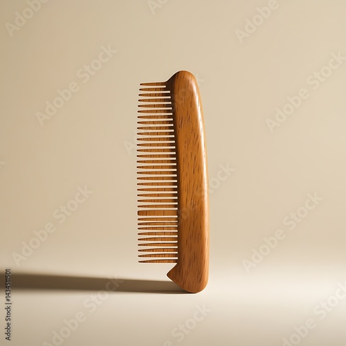 Elegant wooden comb standing upright against a soft beige background, casting a subtle shadow