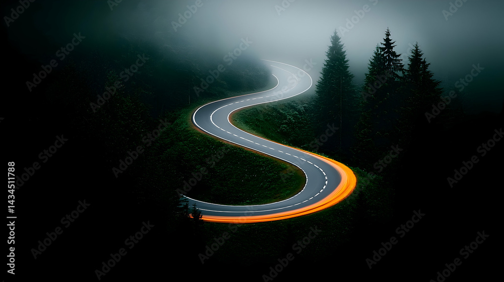Winding Mountain Road at Night with Fog