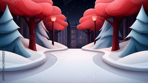 Winter Night City Park: Snowy Path Illuminated by Streetlights