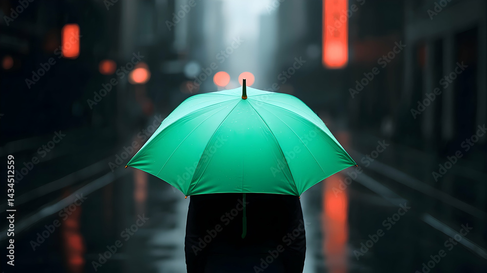 Woman with Green Umbrella on Rainy City Street at Night