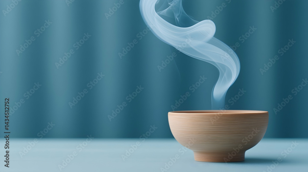 Wooden Bowl Burning Incense Cone with Spiraling Smoke Against Teal Background