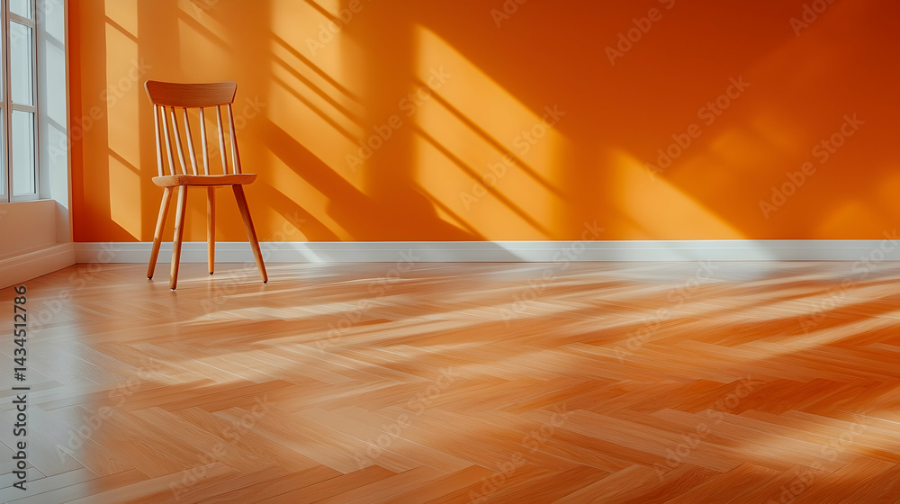 Wooden Chair in Sunlit Room with Orange Walls