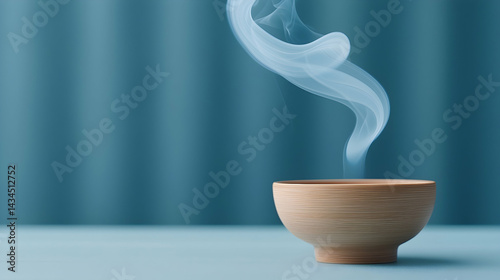 Obraz na płótnie Wooden Bowl Burning Incense Cone with Spiraling Smoke Against Teal Background w salonie