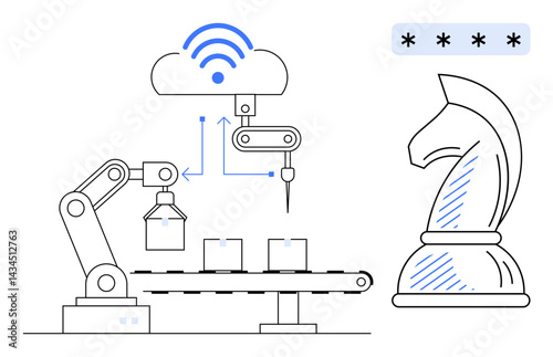 Robotic arm assembling products on conveyor belt, cloud connectivity symbol, and chess knight. Ideal for industrial automation, artificial intelligence, IoT, strategy, production planning