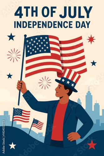 Celebration of Independence Day With a Man Holding Flags in a Festive Urban S...