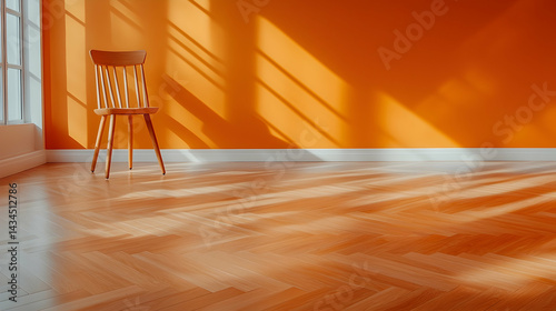 Obraz na płótnie Wooden Chair in Sunlit Room with Orange Walls w salonie