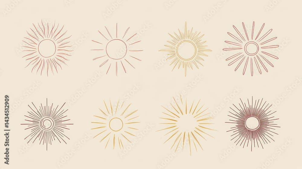 Eight sunburst designs, beige background, graphic design elements Eight sunburst designs, beige background, graphic design elements