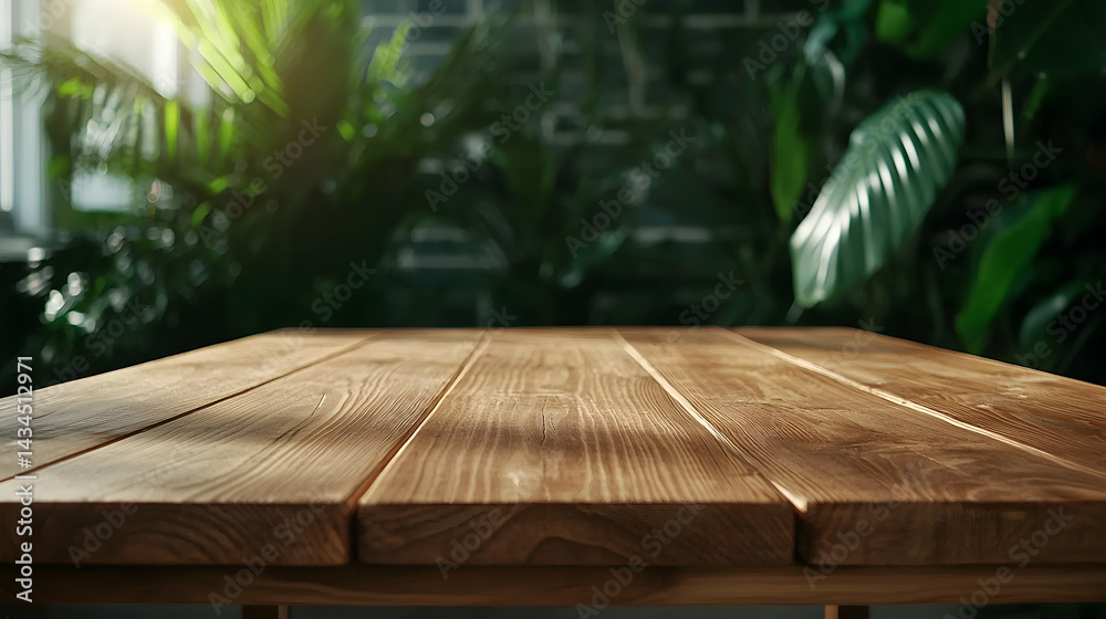 Wooden Tabletop in a Modern Kitchen with Lush Greenery
