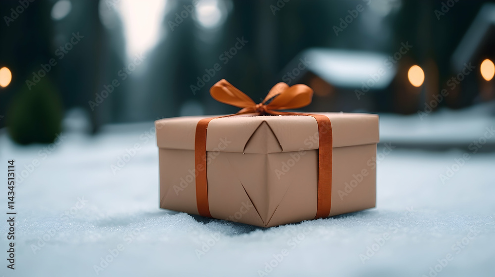 Wrapped Christmas Gift in Snowy Setting
