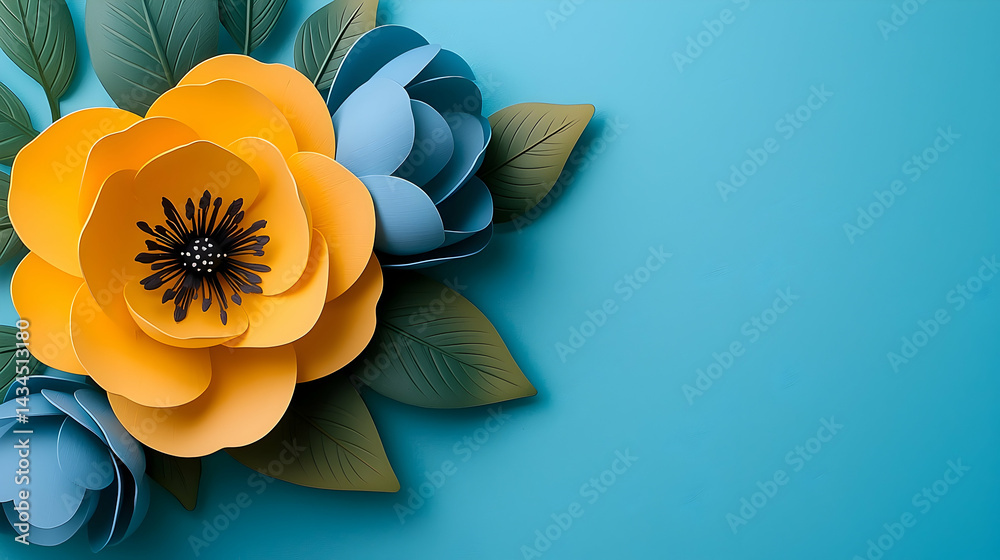 Yellow and Blue Paper Flowers with Green Leaves on Teal Background