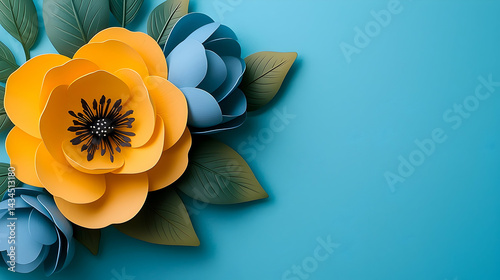 Obraz na płótnie Yellow and Blue Paper Flowers with Green Leaves on Teal Background w salonie