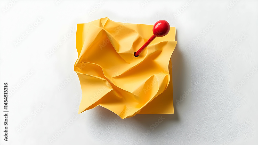 Yellow Crumpled Sticky Note with Red Pushpin on White Background