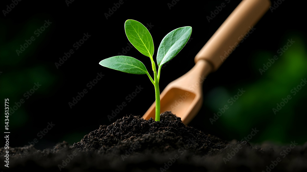 Young Plant Sprouting in Soil with Wooden Trowel
