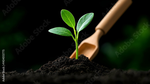 Obraz na płótnie Young Plant Sprouting in Soil with Wooden Trowel w salonie
