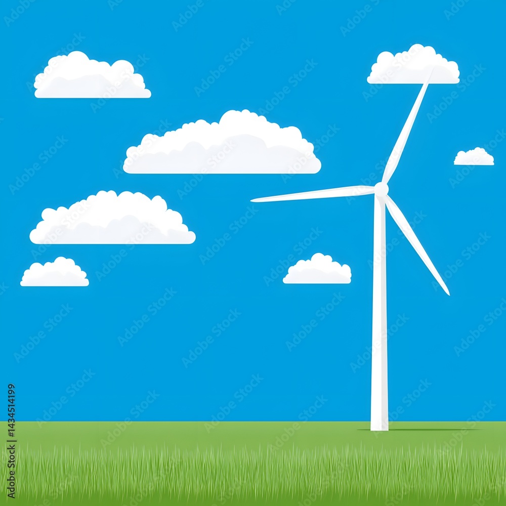 Fototapeta premium A vibrant scene depicting a wind turbine with white clouds against a bright blue sky. The lush green grass below adds to the feeling of sustainability and clean energy.