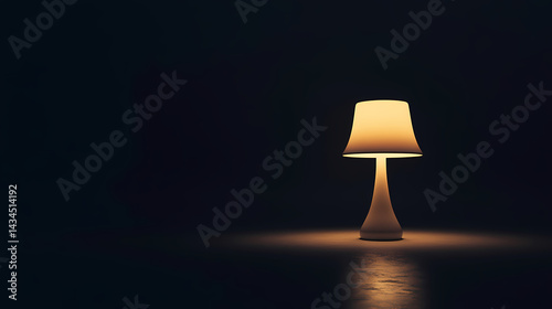 One glowing table lamp in pitch black room, soft light bloom around, extreme light vs void contrast. Blooming Void. Illustration
