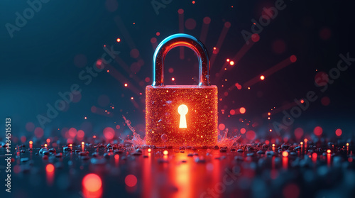 A security breach concept: glowing warning signs and data streams leaking through a vibrant glowing chrome padlock
