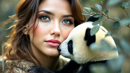 Woman gently embraces a baby panda, both framed by soft foliage