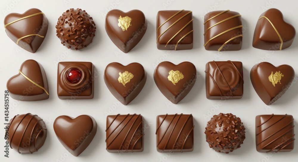 Assorted gourmet chocolate pralines in heart and square shapes, top view Assorted gourmet chocolate pralines in heart and square shapes, top view