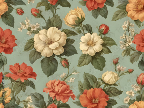 Elegant floral pattern with orange blossoms, white buds, green leaves repeating across light blue backdrop, ideal for textile and design applications