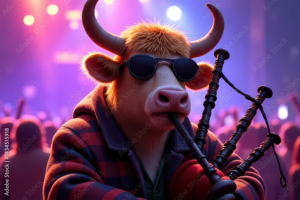Fototapeta premium Animated Highland Cow Rocks Electric Bagpipes at Vibrant Cartoon Music Festival