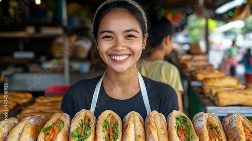 Banh Mi Vendor Smiles While Showcasing Fresh Baguettes in Market
