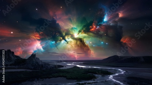aurora borealis over the sea an eye catching view, AI generated image.