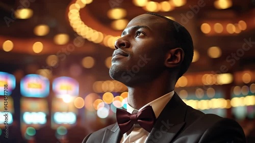 Young African American man in suit and bow tie standing in casino with dreamy look