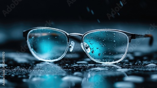 Stylish eyeglasses with water droplets.  Clear lenses reflecting light