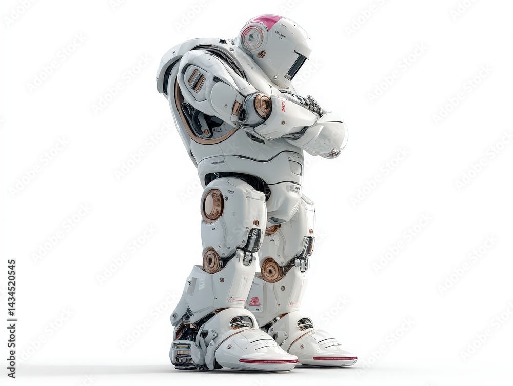Fototapeta premium Robotic figure in a contemplative pose, showcasing mechanical design and futuristic features.