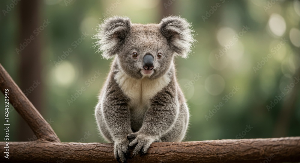 Obraz premium Adorable Koala on Branch - A cute koala sits on a tree branch, looking directly at the camera. Soft, green bokeh background