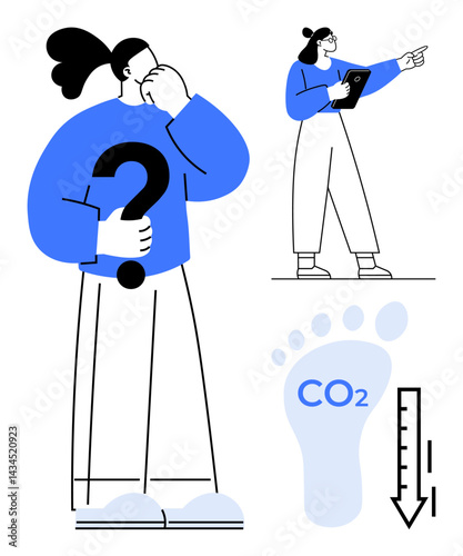 Person holding question mark, individual pointing while holding tablet, CO2 footprint with reduction arrow. Ideal for sustainability, eco-awareness, decision-making, education, strategy planning