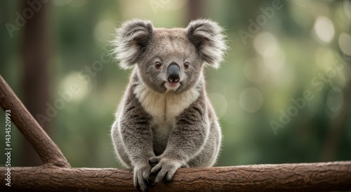 Adorable Koala on Branch - A cute koala sits on a tree branch, looking directly at the camera. Soft, green bokeh background