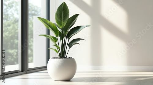 Elegant Bird of Paradise Plant in White Pot Minimalist Home Decor Bright Sunlight Interior Design Modern Room Natural Green Leaves Peaceful Atmosphere