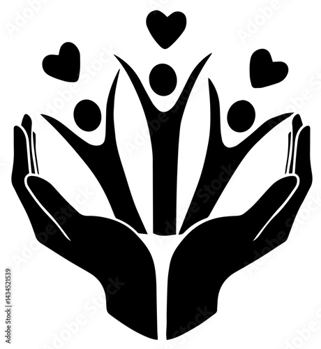 Silhouette of Caring Hands Supporting People and Hearts, Charity, Humanity, Community Support, Volunteerism, Social Care, Nonprofit, Compassion and Emotional Wellness