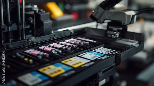Mechanical arm transferring ink cartridges in a printer supplies factory, with labeled slots and control panels, Office equipment style