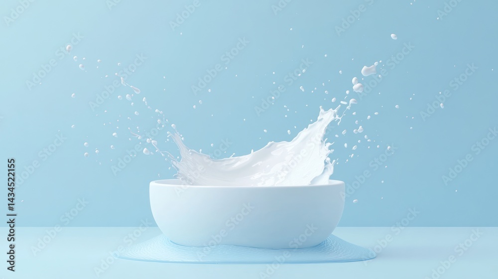 Milk splash in bowl, light blue background, dairy product Milk splash in bowl, light blue background, dairy product