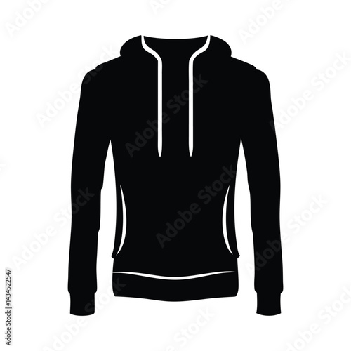 Black Hoodie Silhouette with Front Pocket and Drawstrings, Casual Fashion Icon, Minimalist Apparel Illustration, Stylish Urban Wear Symbol, Sportswear Black Hoodie Silhouette Concept