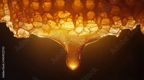 Close-up View of Dripping Honey from Honeycomb Surface on Dark Background