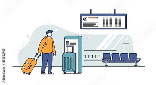 Person with suitcase standing at airport, looking at flight information board in minimalistic and modern terminal atmosphere
