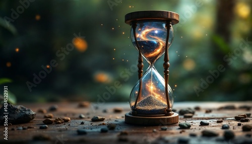 Timeless Passage: An hourglass, a symbolic representation of time's relentless flow, stands amidst a serene natural backdrop, creating a beautiful illustration of temporality.