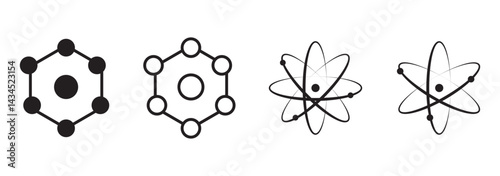 Set of atom icons. Atom icon with orbiting electrons in a simplified structure.