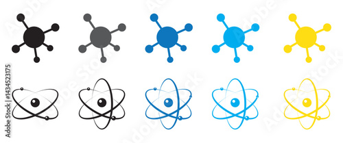 Set of atom icons. Atom icon with orbiting electrons in a simplified structure.