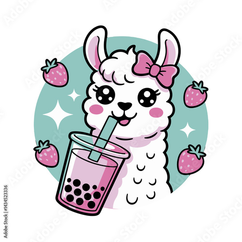 A cute alpaca with a pink bow sips bubble tea through a straw.