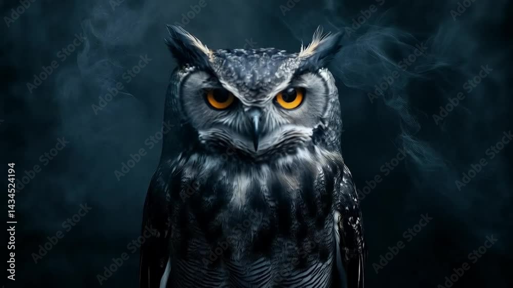 Mystical owl stares fiercely through swirling smoke in eerie darkness
Mystical owl stares fiercely through swirling smoke in eerie darkness