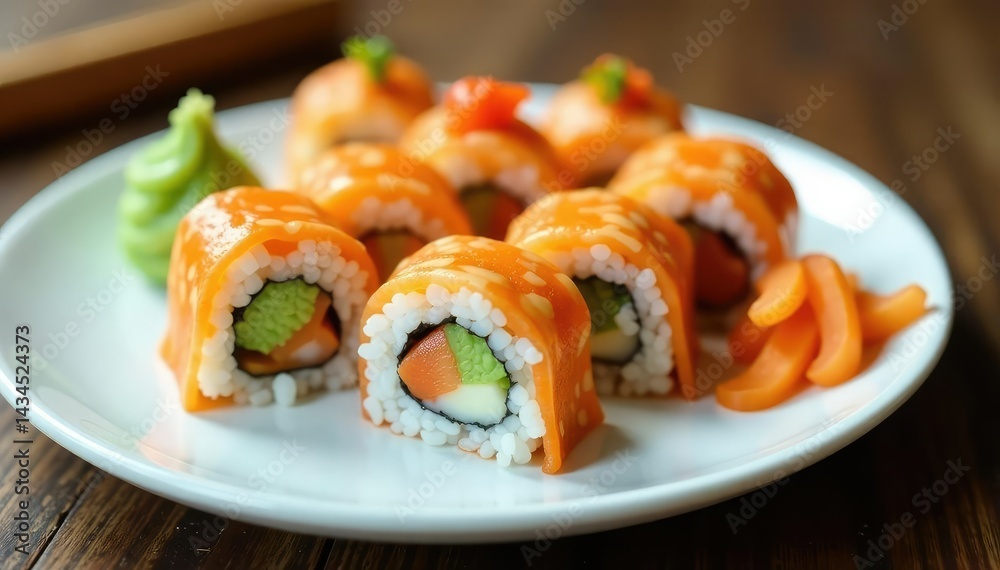 Various sushi rolls on a white plate, wasabi, pickled ginger, japanese, studio shot