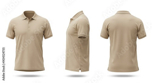 Beige Polo Shirt Mockup Three Views - Versatile beige polo shirt mockup showcasing front, side, and back views. Ideal for apparel design, branding, and online stores. Clean, simple