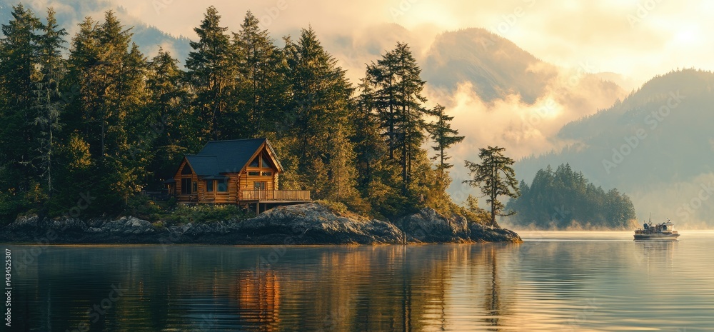 Fototapeta premium Cabin on lakeside surrounded by forest and mountains at golden hour