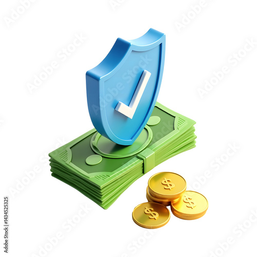 3D Illustration of Money Stack with Shield Icon Isolated on PNG Background Banking Security Symbol or Safe Investment Concept and Financial Protection Element