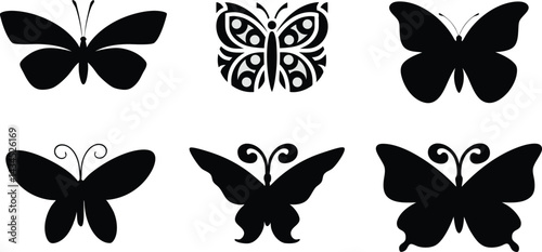 Set of Decorative Butterfly Silhouette Icons in Black Style